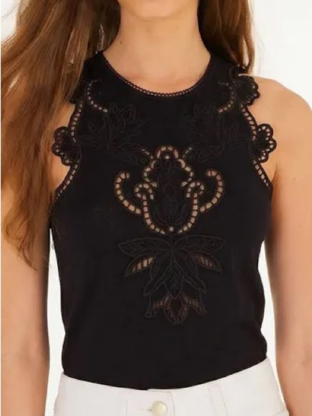 FARM Rio Black Lace-Embroidered Sleeveless Camisole